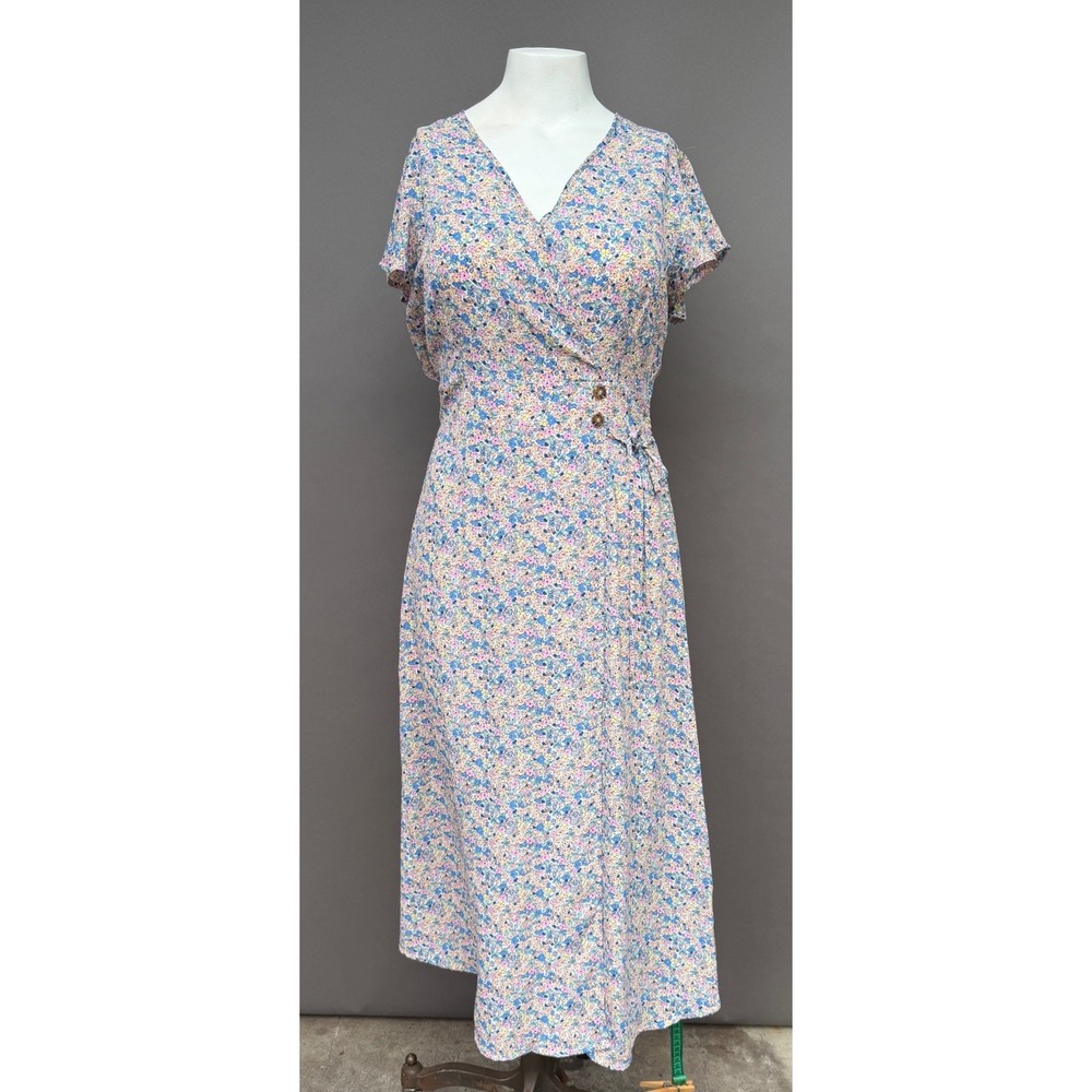 Floral Faux Wrap Midi Dress Large Blue Pink Ditsy Flutter Sleeve Cottage Garden‎
